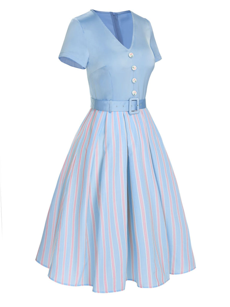 [Pre-Sale] Blue 1950s V-Neck Stripe Belted Dress