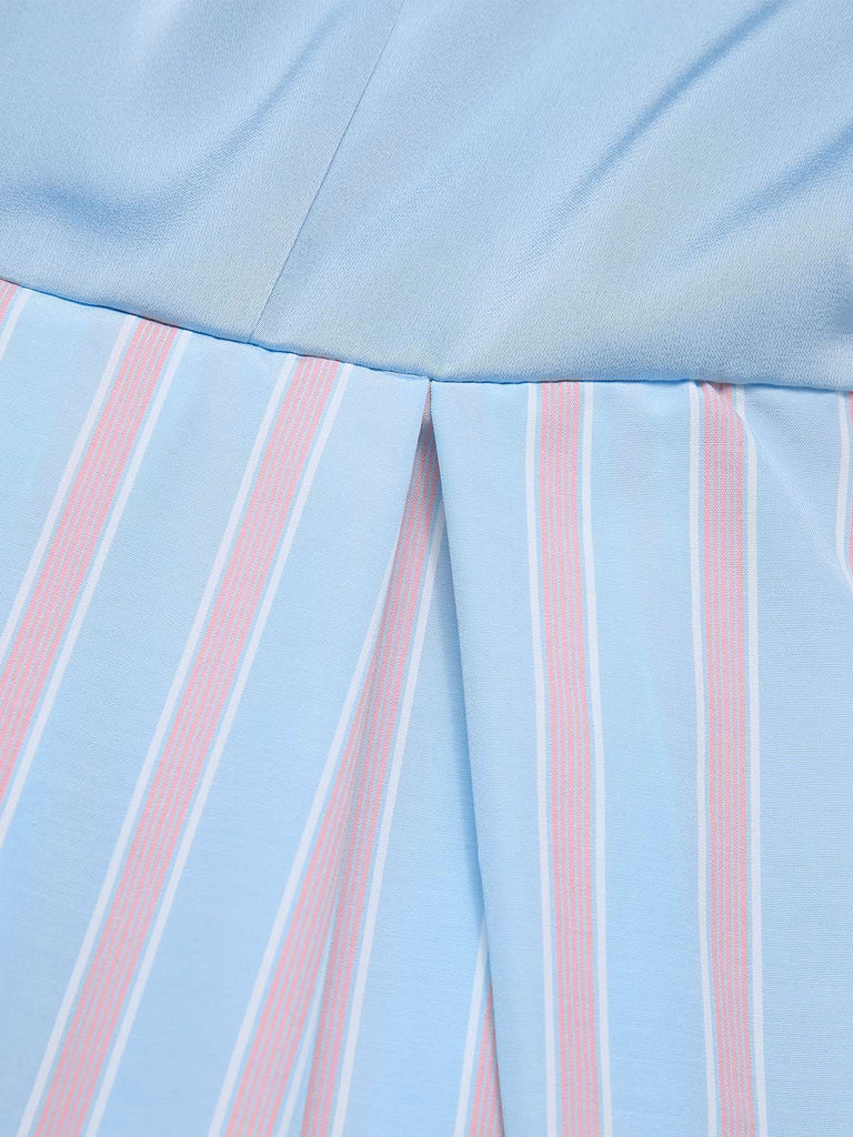 [Pre-Sale] Blue 1950s V-Neck Stripe Belted Dress
