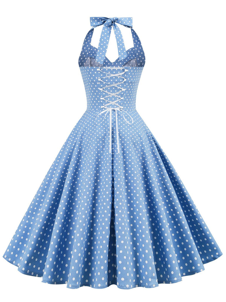 1950s Polka Dots Lace Up Halter Swing Dress