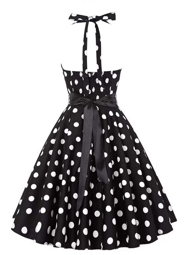 1950s Halter Contrast Polka Dots Belted Dress