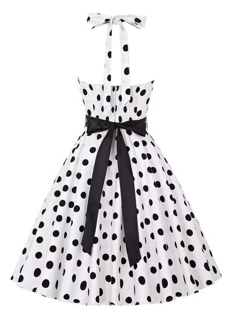 1950s Halter Contrast Polka Dots Belted Dress