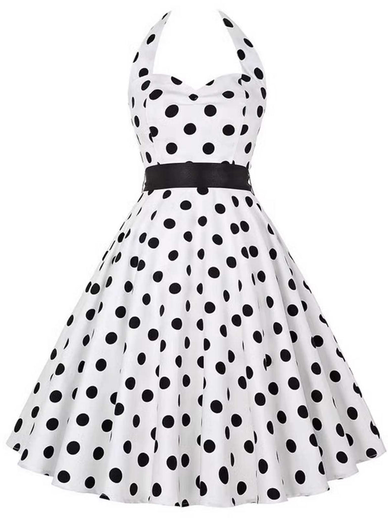 1950s Halter Contrast Polka Dots Belted Dress