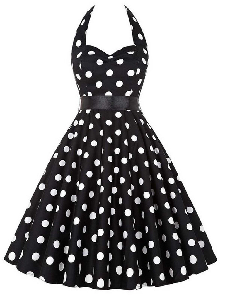 1950s Halter Contrast Polka Dots Belted Dress