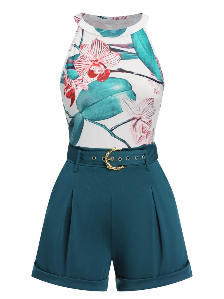 2PCS 1950s Floral Crewl Halter Top & Shorts With Belt