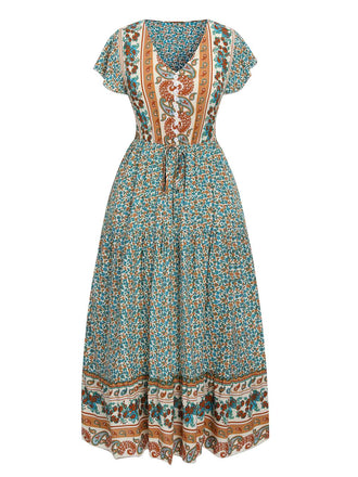 Green 1970s Cap Sleeve Bohemian Dress