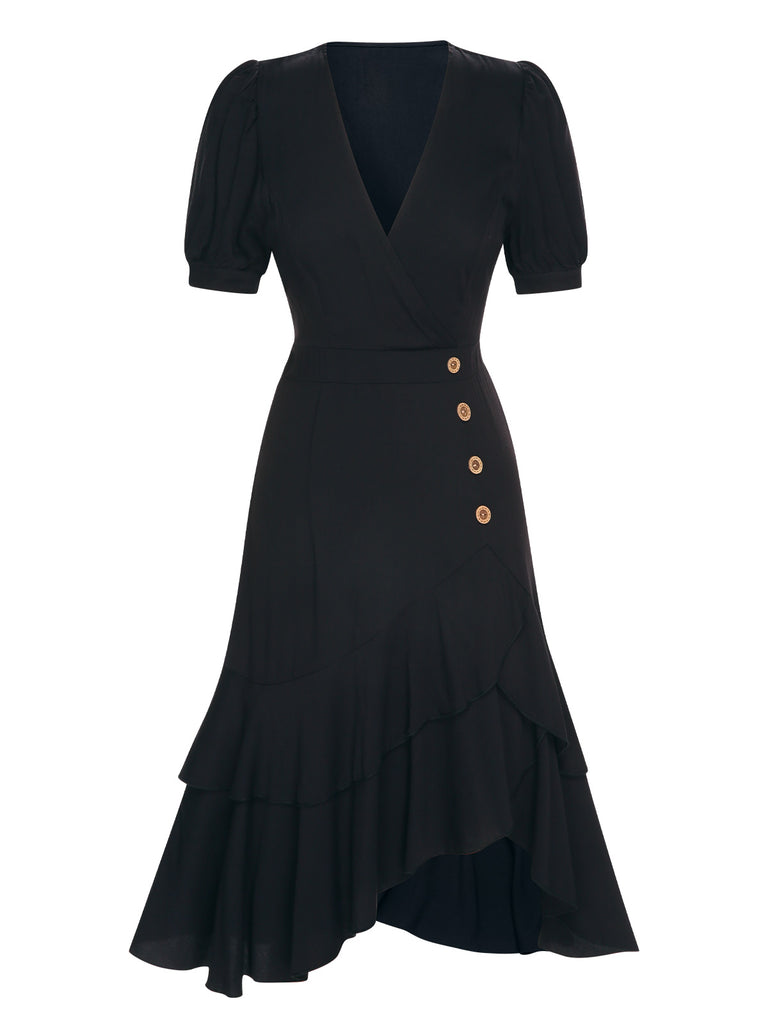 Black 1940s V-Neck Irregular Hem Button Dress