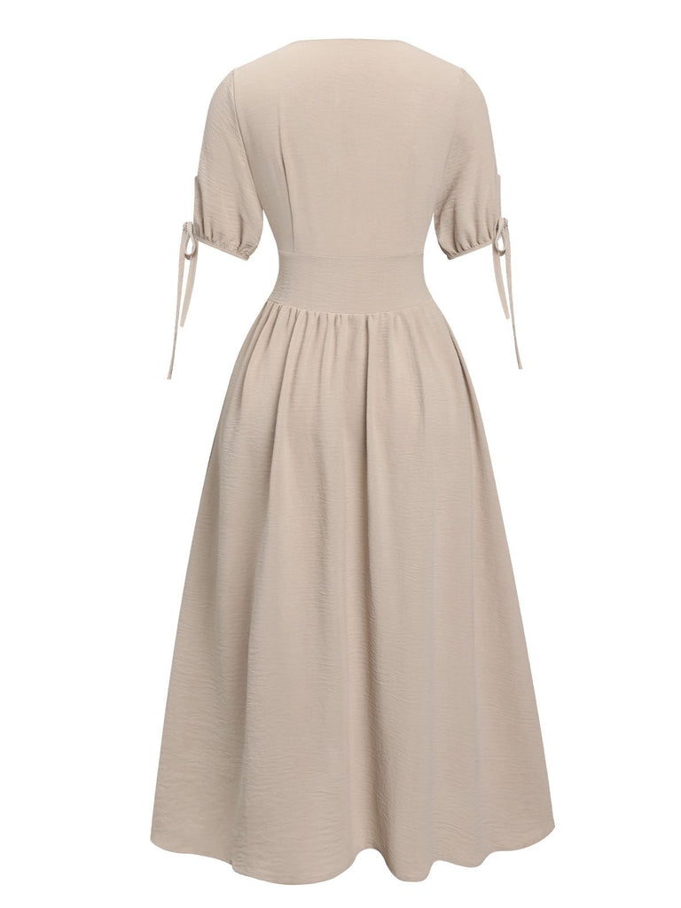 Beige 1940s Solid V-Neck Buttons Dress