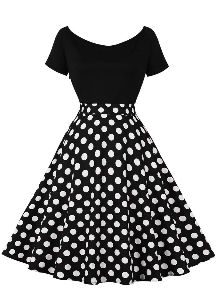 1950s Polka Dot Patchwork Short Sleeves Dress