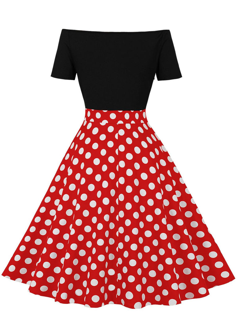 1950s Polka Dot Patchwork Short Sleeves Dress