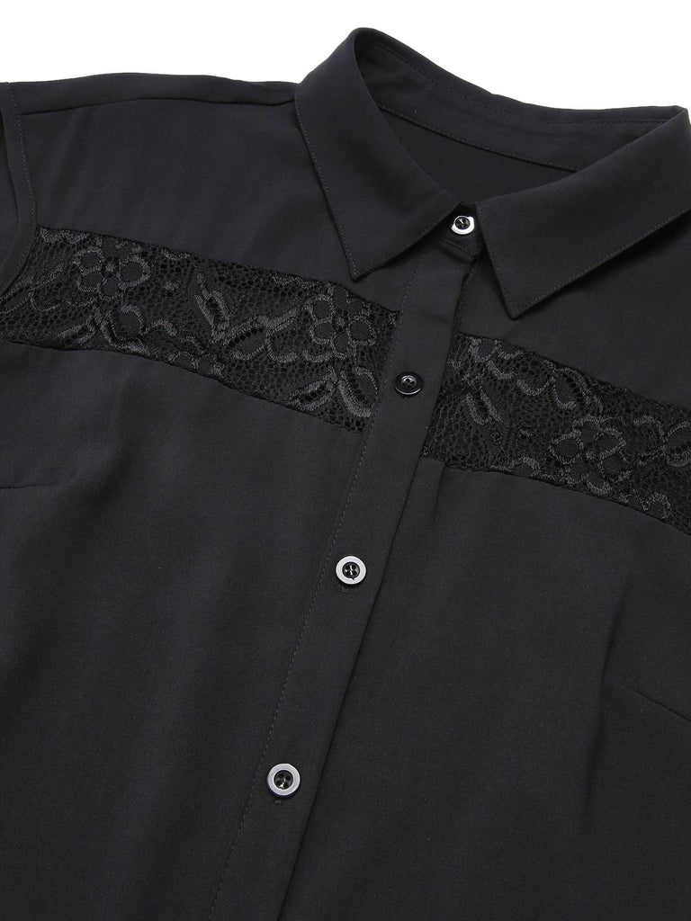 Black 1940s Solid Lace Shirt Collar Belted Dress
