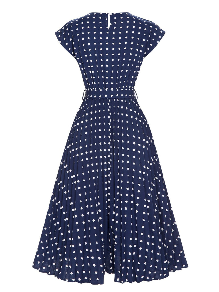Royal Blue 1940s Polka Dots Belt Cap Dress