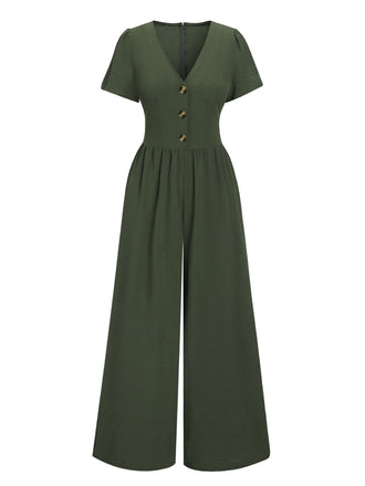 Green 1940s V-Neck Solid Jumpsuit