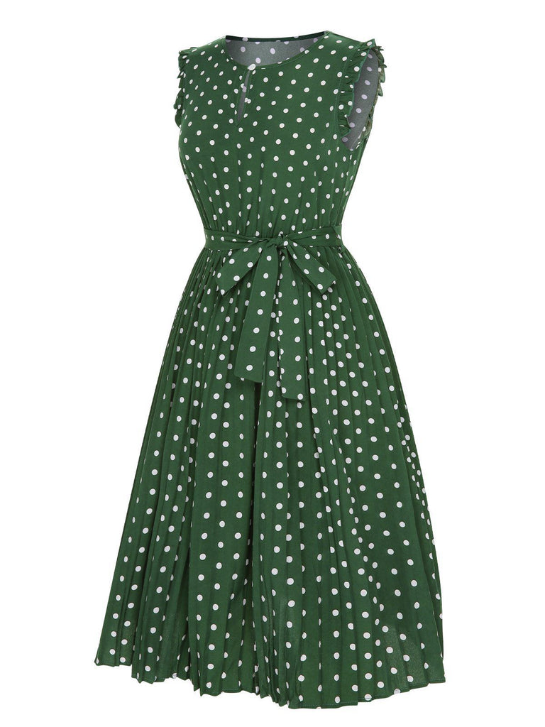 Green 1940s Polka Dot Keyhole Pleated Dress
