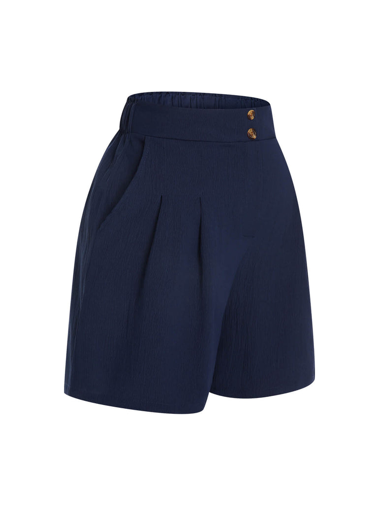 Dark Blue 1940s Solid Pleated Shorts