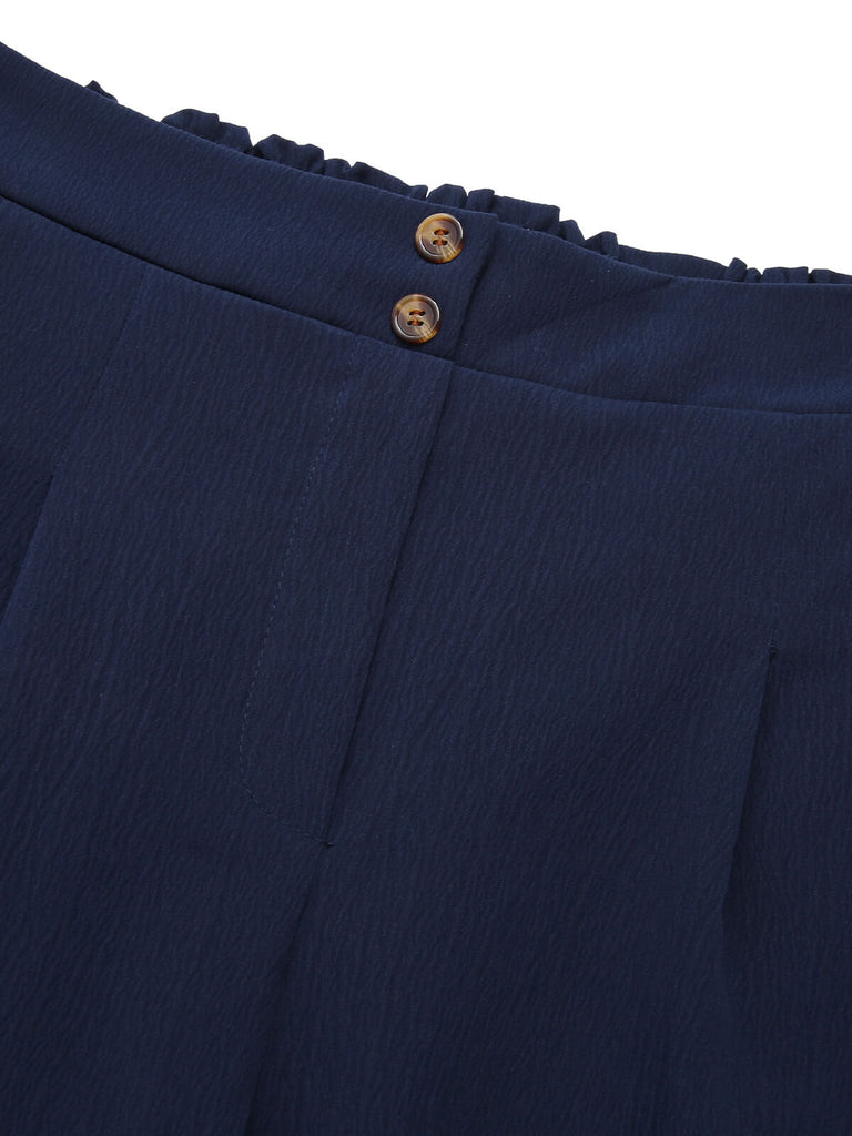 Dark Blue 1940s Solid Pleated Shorts