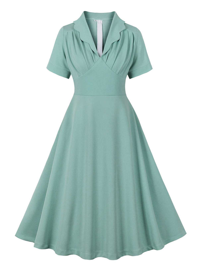 Green Gray 1950s Lapel Solid Dress
