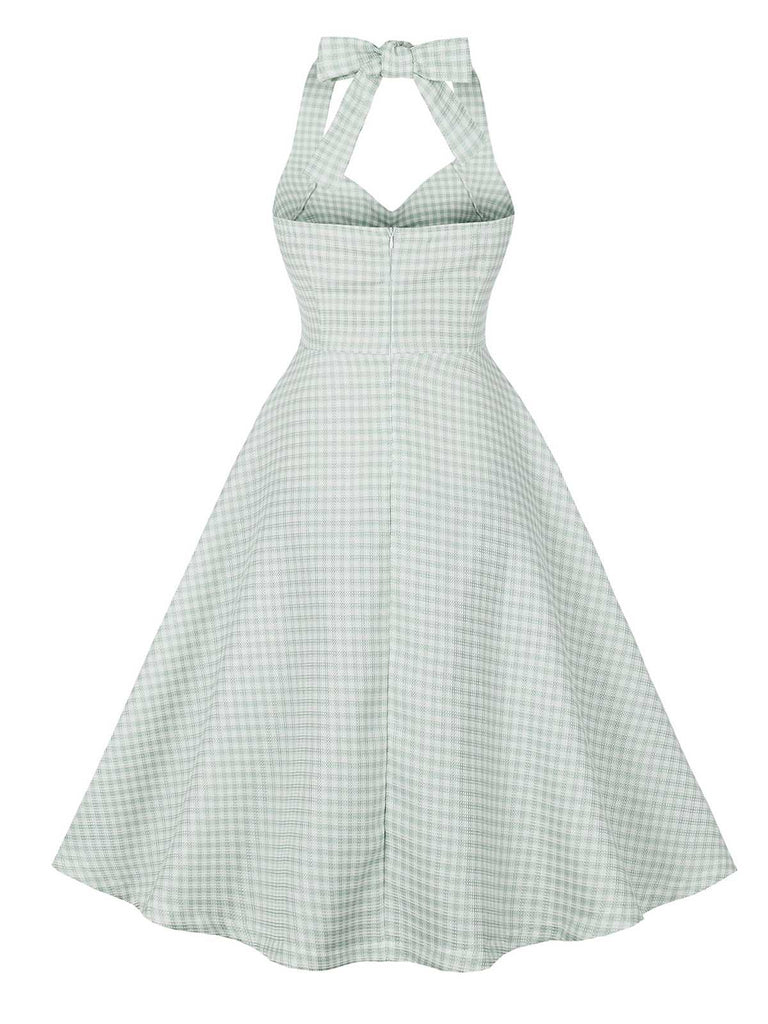 Green Gray 1950s Halter Plaids Dress