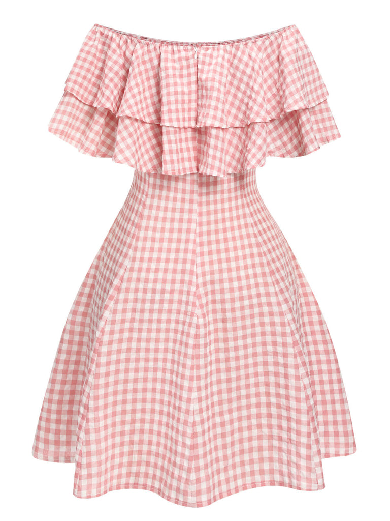 Pink 1950s Plaid Off-Shoulder Dress
