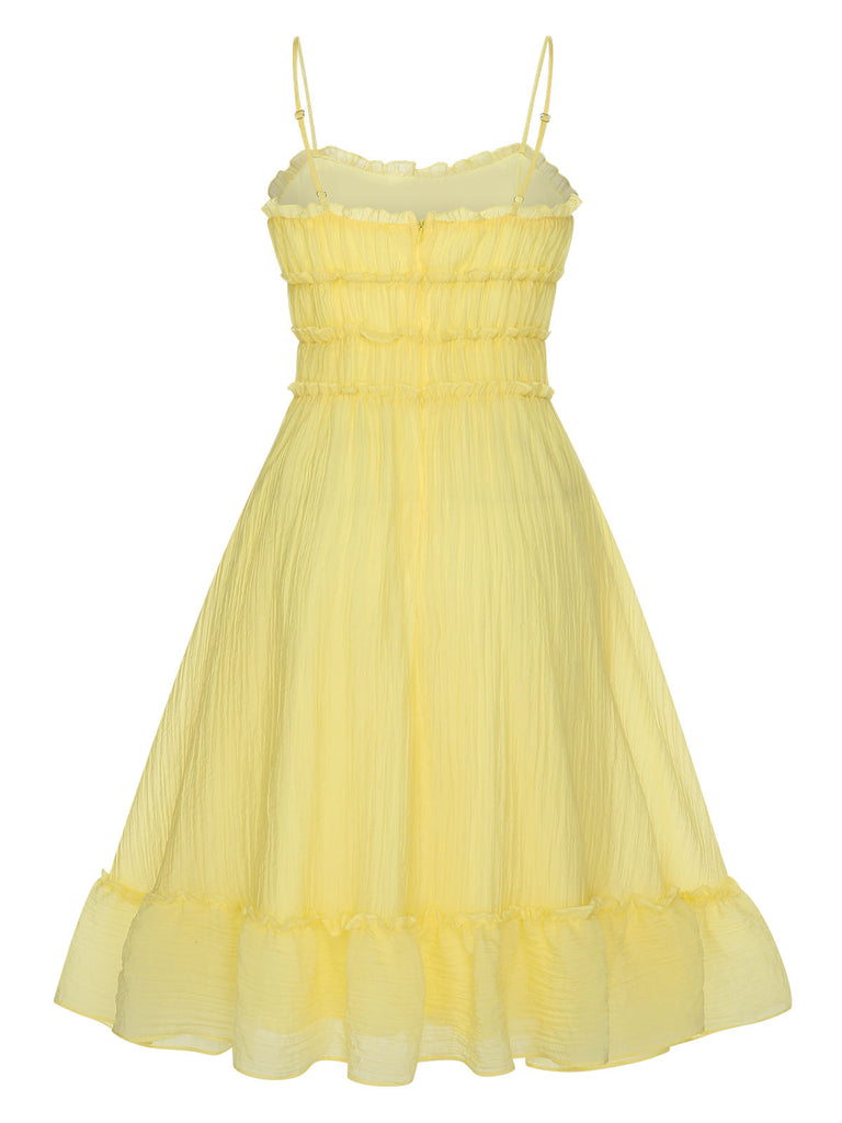 Yellow 1940s Spaghetti Strap Ruffle Hem Dress