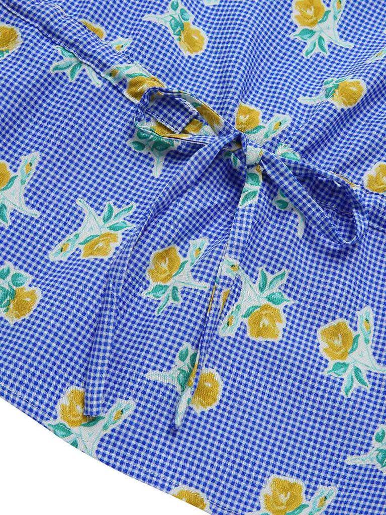 [Pre-Sale] Blue 1940s Tie Neck Plaids Floral Blouse