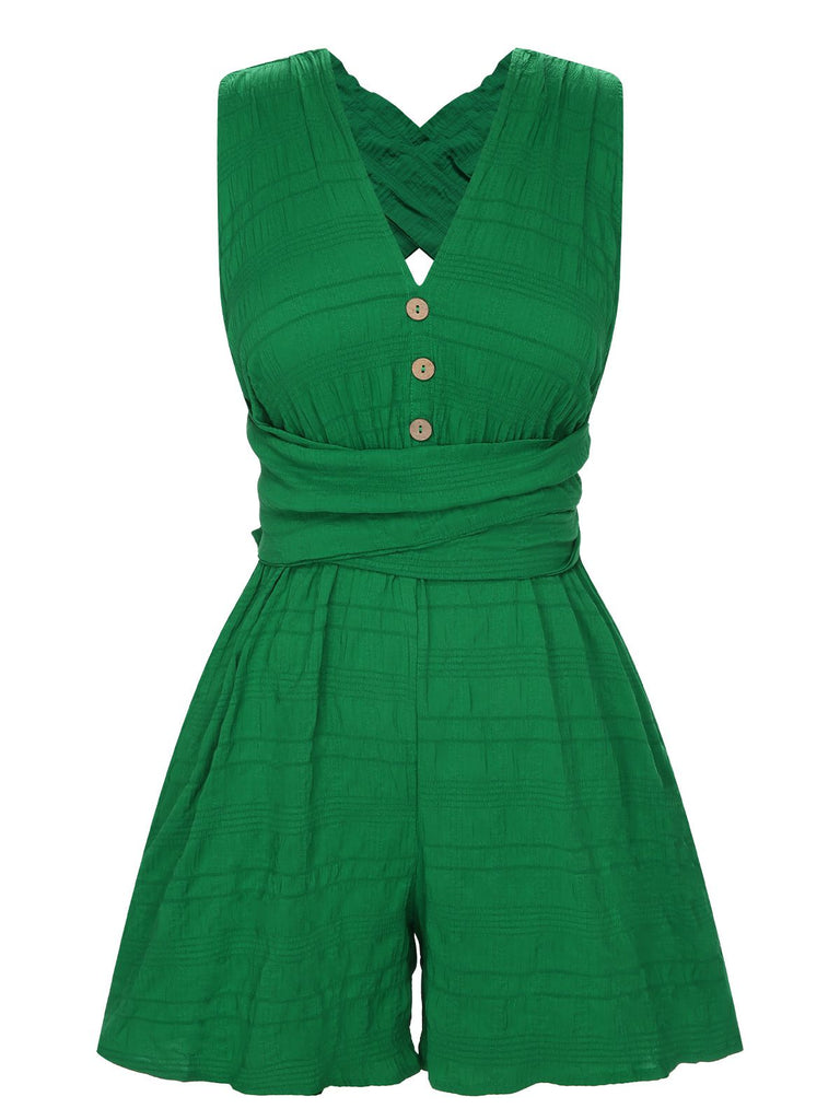 Bright Green 1950s Solid Tie Up Romper