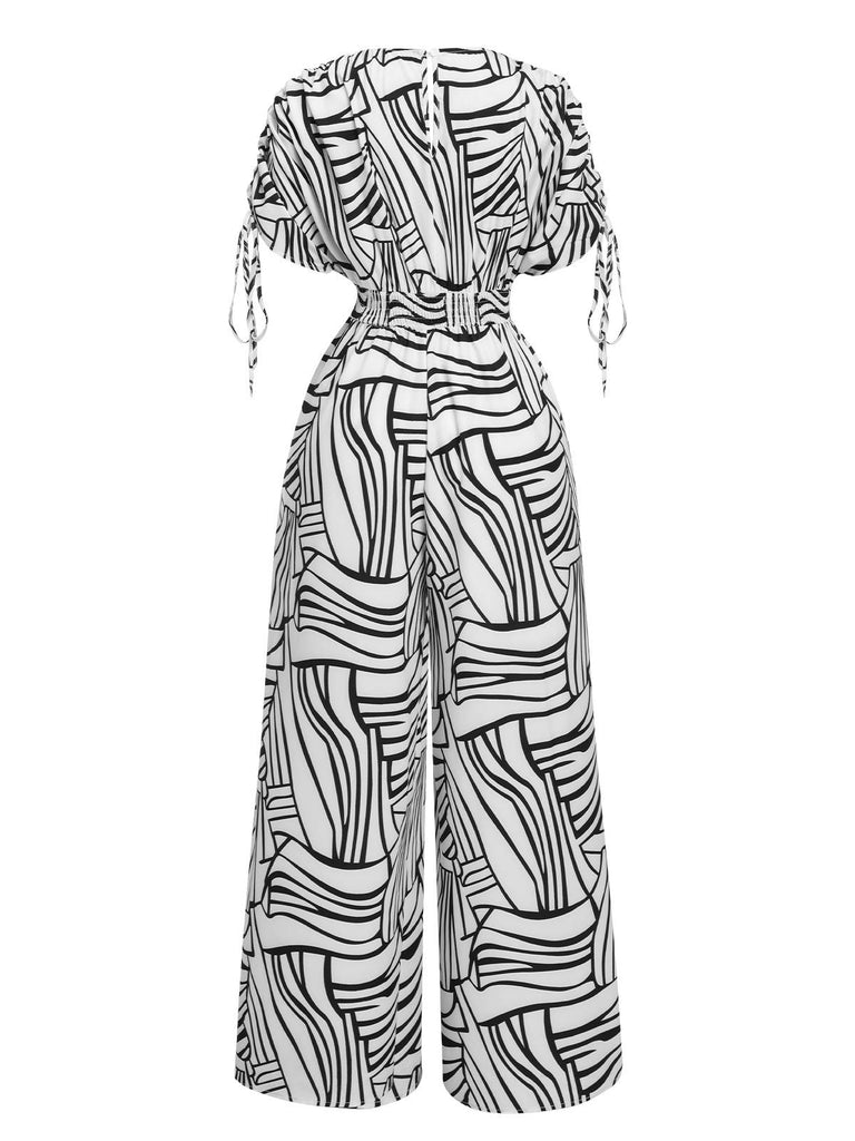 Black & White 1930s Geometric V-Neck Jumpsuit
