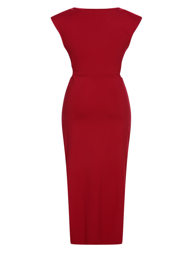 Red 1960s Solid Cutout Twist Slit Dress