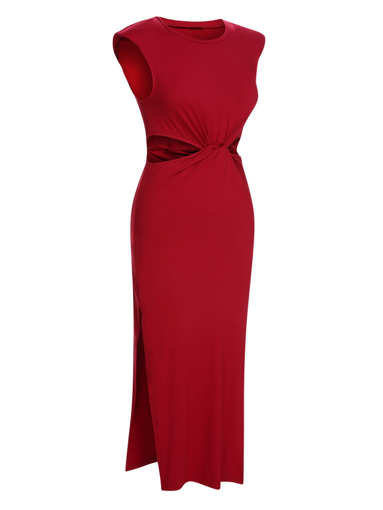 Red 1960s Solid Cutout Twist Slit Dress