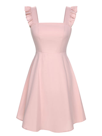 Pink 1950s Solid Ruffle Sleeveless Dress