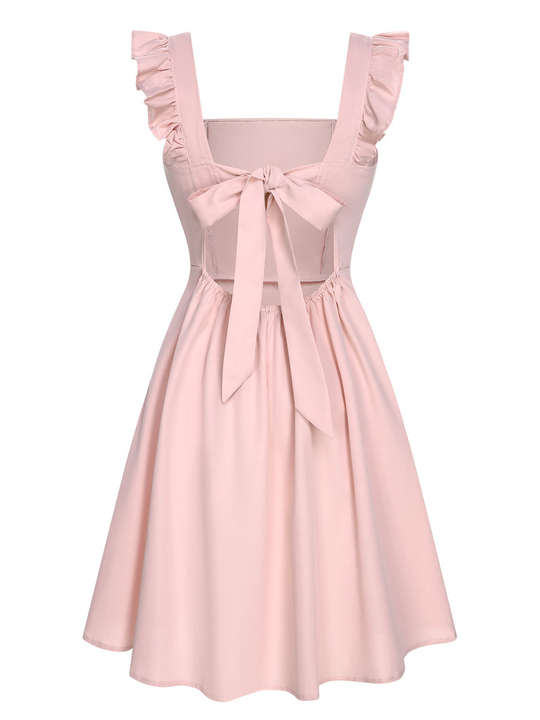Pink 1950s Solid Ruffle Sleeveless Dress