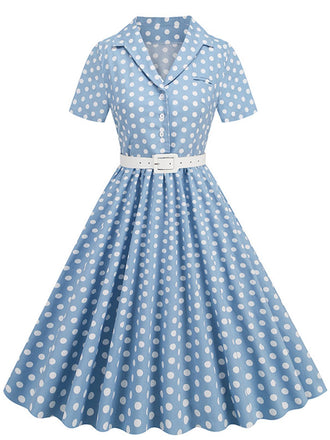 1950s Polka Dots Lapel Belted Dress