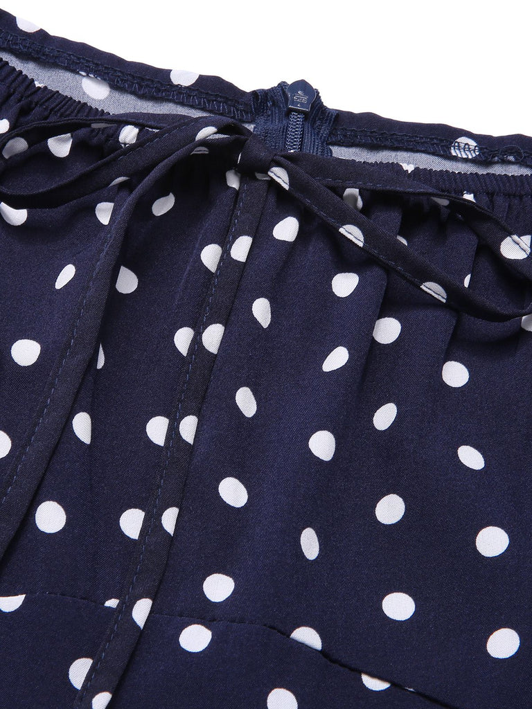 Blue 1940s Lantern Sleeve Polka Dots Dress