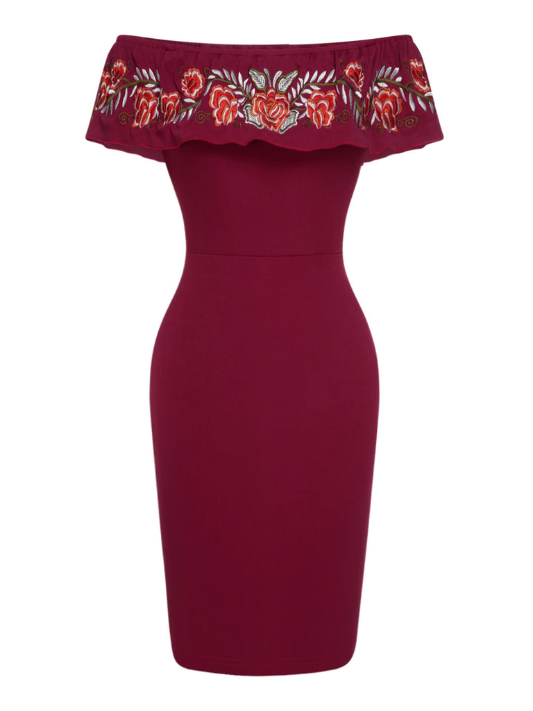 Deep Red 1960s Off-Shoulder Embroidered Dress