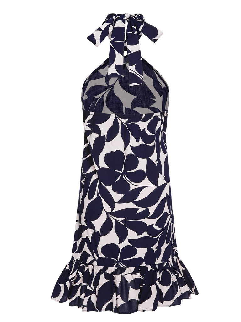 Dark Blue 1940s Backless Halter Floral Dress