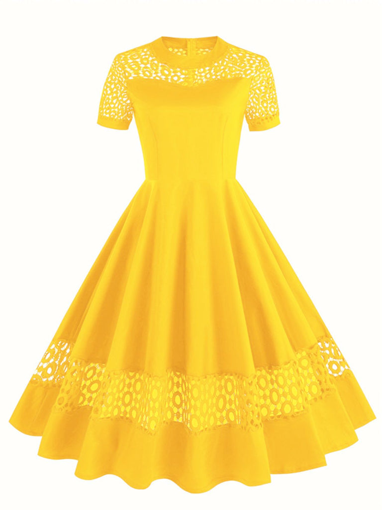 1950s Round Neck Hollow Solid Dress