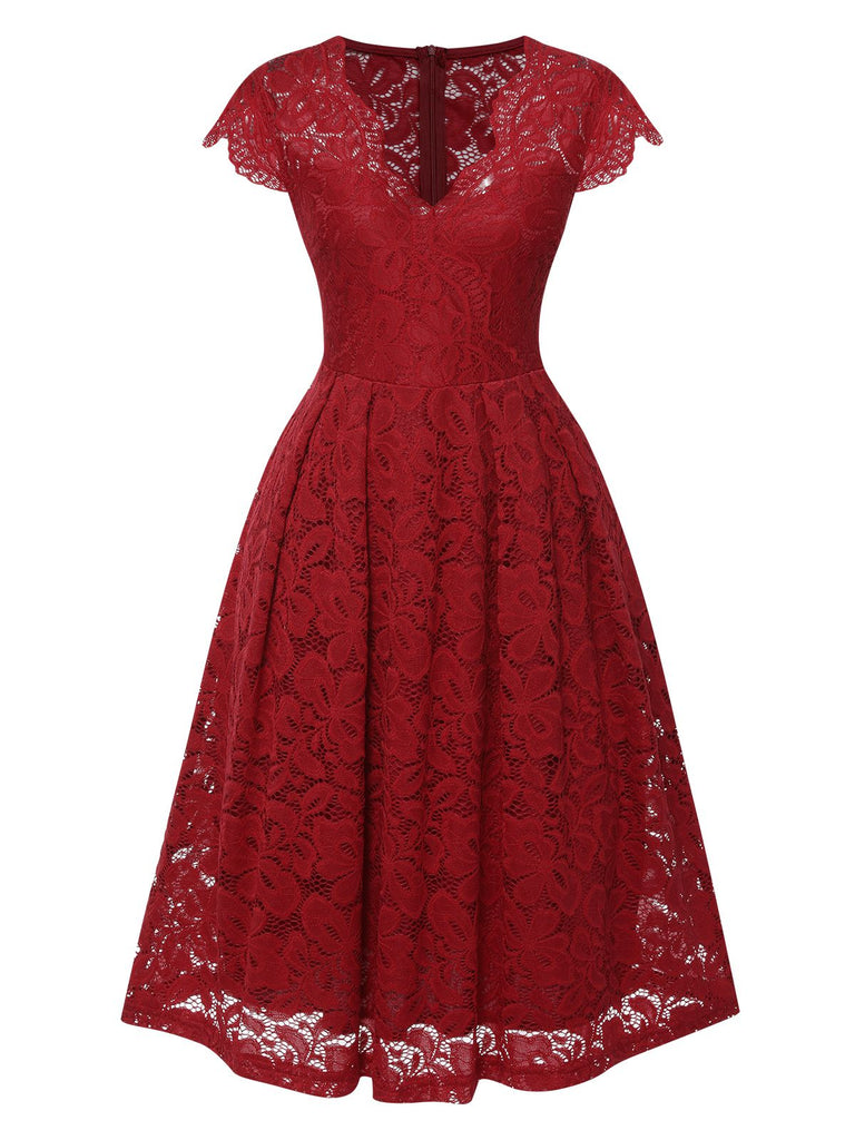 Wine Red 1940s Solid Lace Cap Sleeve Dress