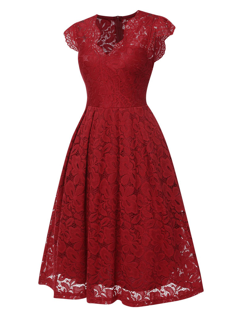Wine Red 1940s Solid Lace Cap Sleeve Dress