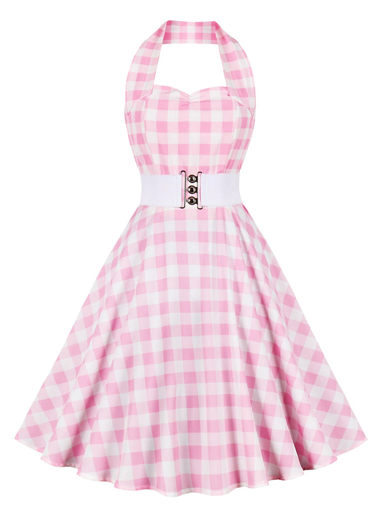 Light Pink 1950s Halter Plaids Belted Dress