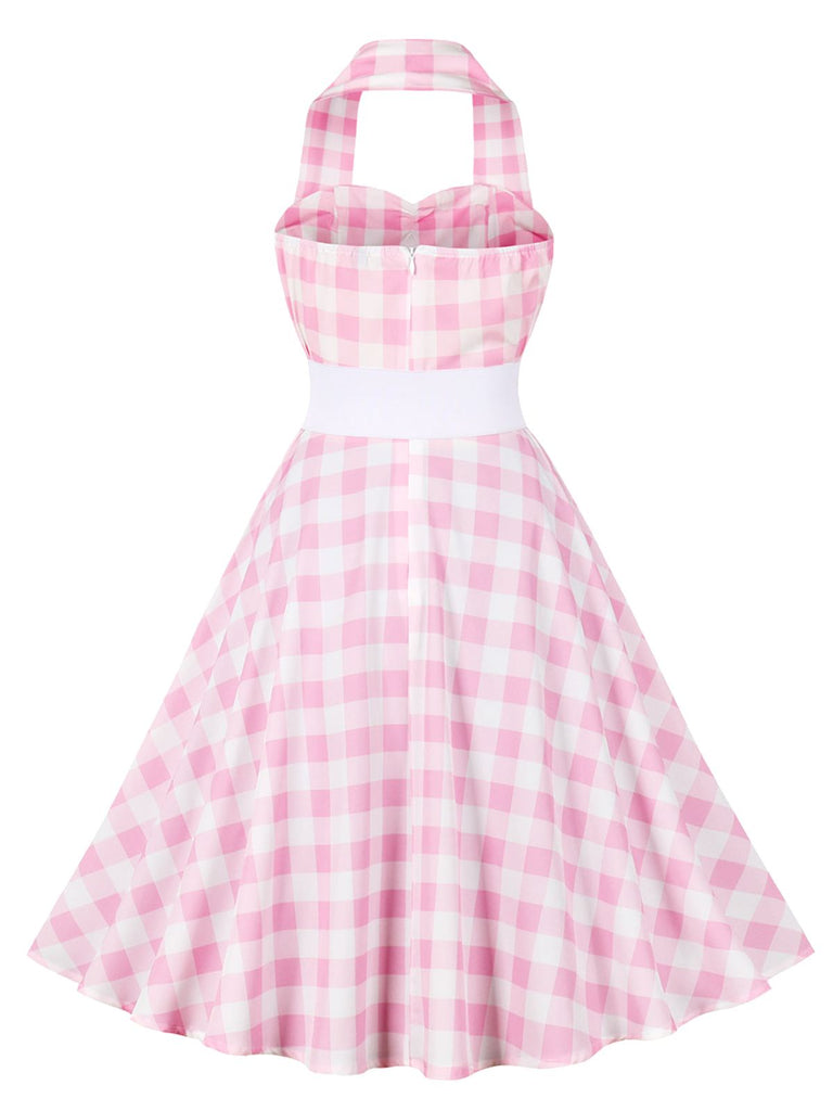 Light Pink 1950s Halter Plaids Belted Dress