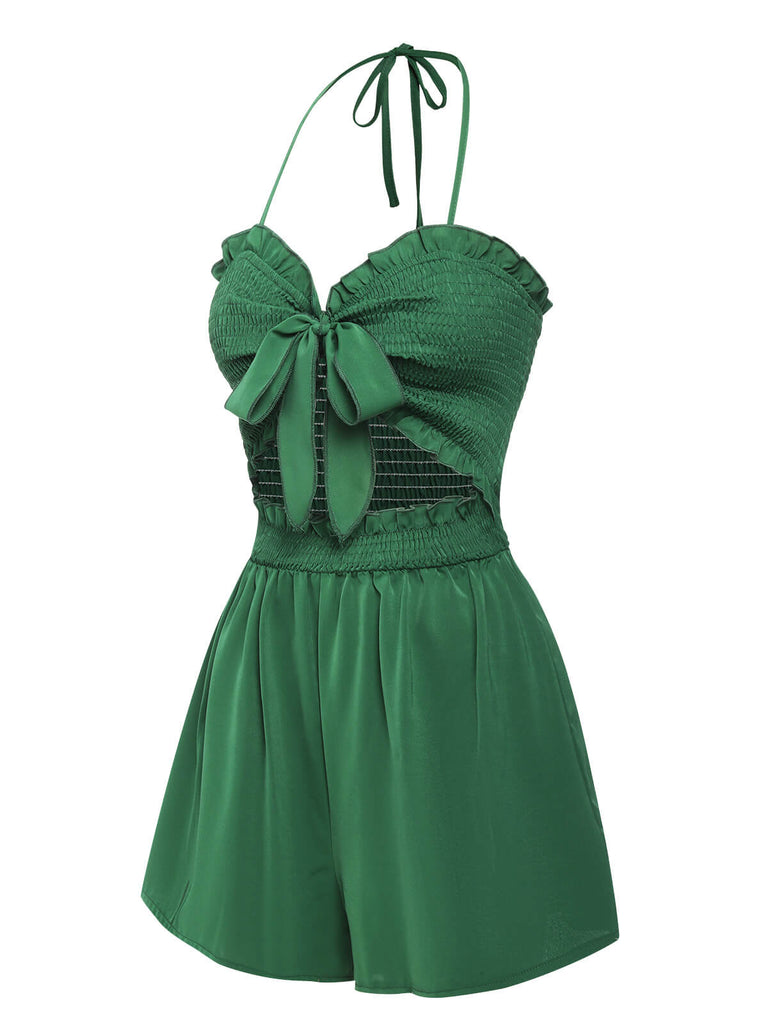 Green 1960s Smocked Sweetheart Neck Halter Romper