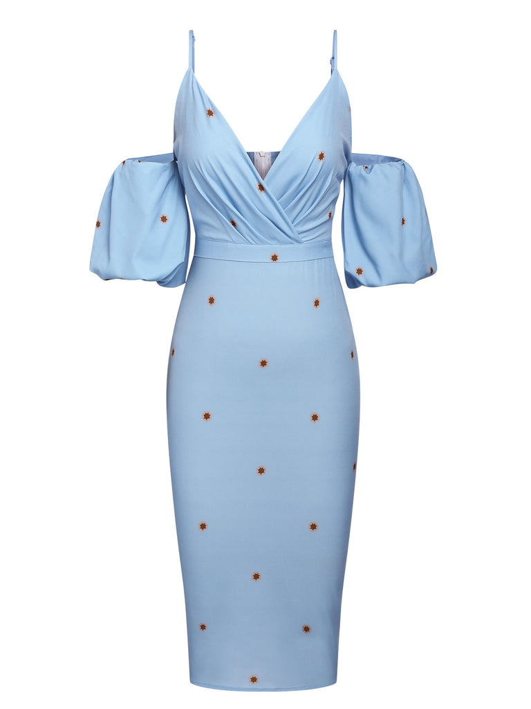 Blue 1960s Cold-Shoulder Puff V-Neck Dress