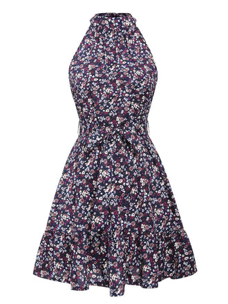 Purple 1980s Ditsy Floral Sleeveless Dress