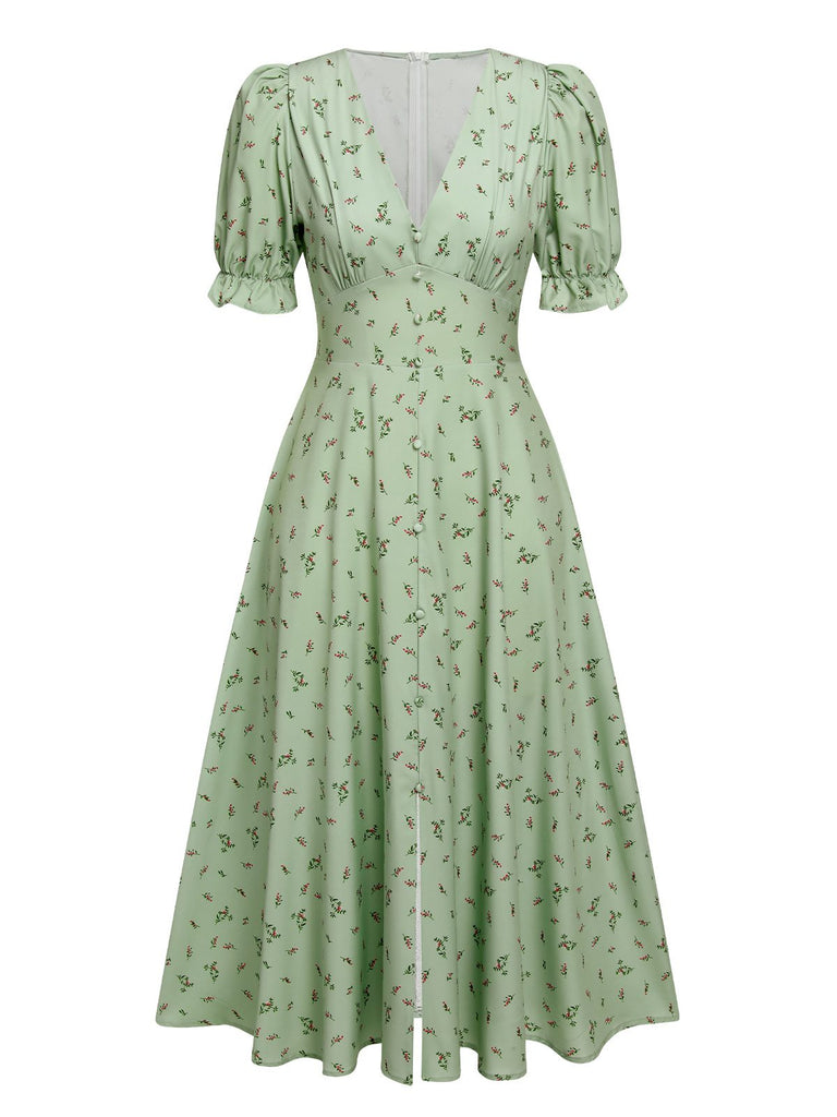 Green 1940s V-Neck Floral Lantern Sleeves Dress