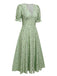 Green 1940s V-Neck Floral Lantern Sleeves Dress