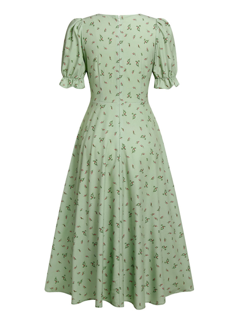 Green 1940s V-Neck Floral Lantern Sleeves Dress