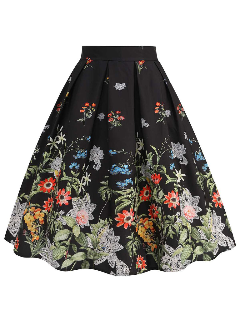 Black 1950s Floral Pleated Swing Skirt