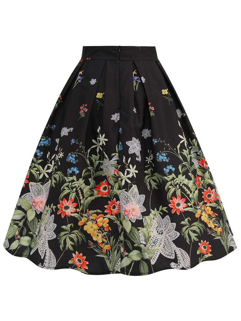 Black 1950s Floral Pleated Swing Skirt