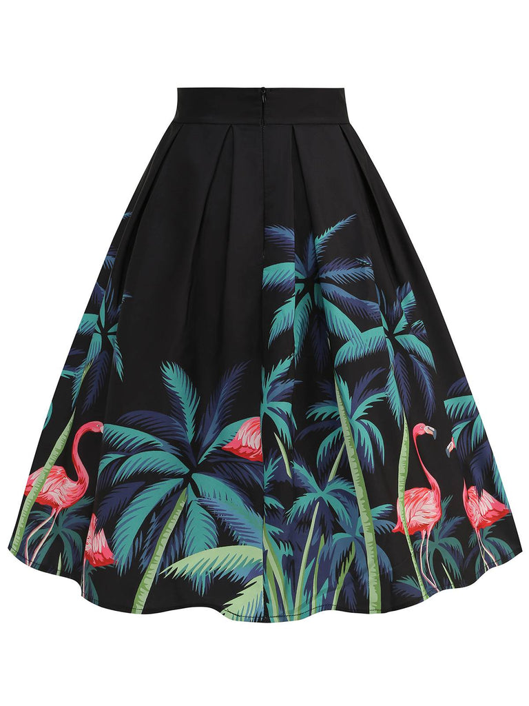 Black 1950s Coconut Trees Flamingo Swing Skirt