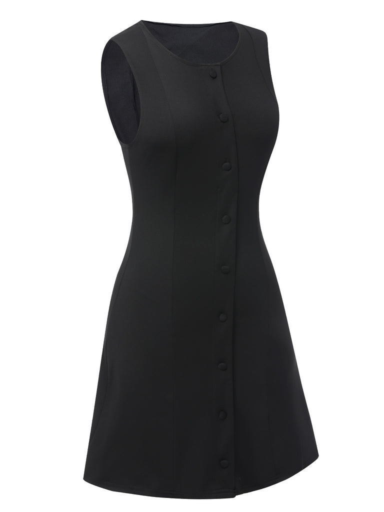 Black 1960s Solid Button Sleeveless Bodycon Dress