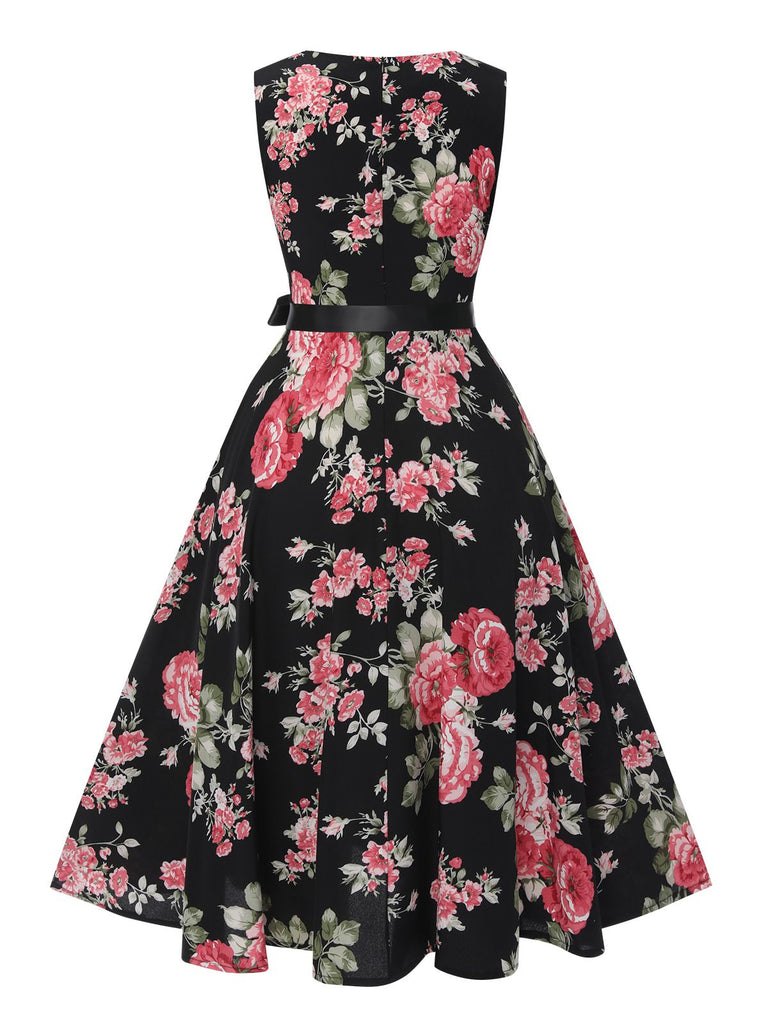 1950s Floral Bow Belt Vintage Dress